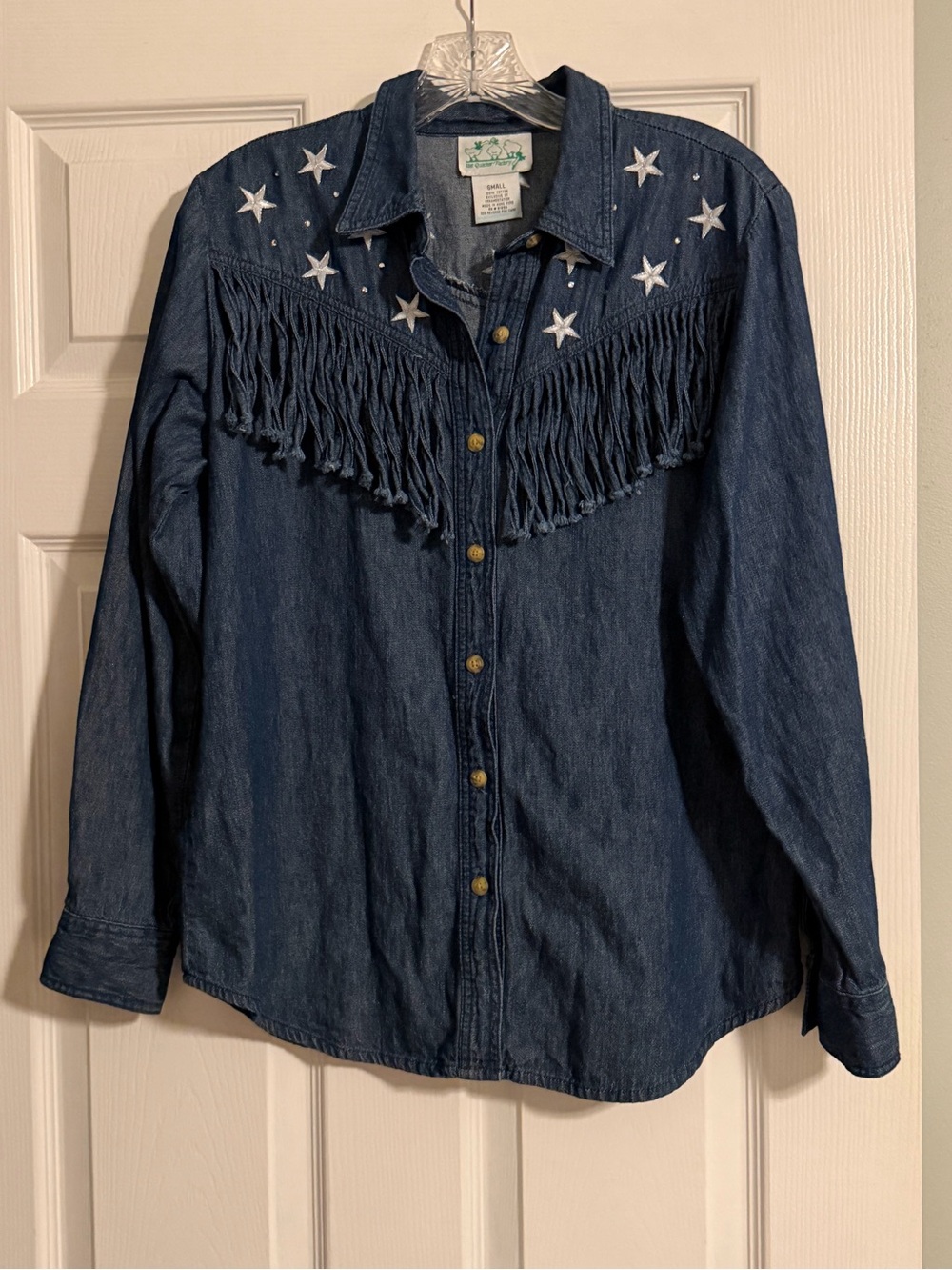 The Quacker Factory Fringe Western Denim Shirt with Star Embroidery - Dark Blue